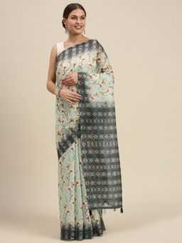 Sangam Prints - Sea Green Cotton Blend Printed Traditional Tassle Saree with Unstitched Blouse