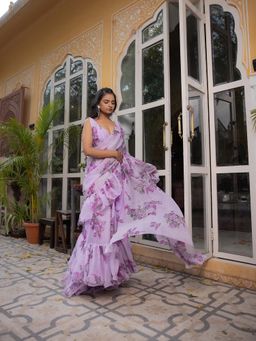 DEASHA INDIA - Anisah Lavender Floral Printed Ruffle Pre Draped Saree with Stitched Blouse