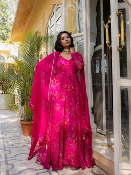 DEASHA INDIA - Idika Magenta Floral Printed Anarkali with Pant and Dupatta (Set of 3)
