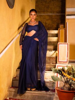 DEASHA INDIA - Navy Blue Pre Draped Saree with Stitched Blouse