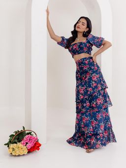 DEASHA INDIA - Liana Navy Blue Floral Printed Crop Top with Skirt (Set of 2)