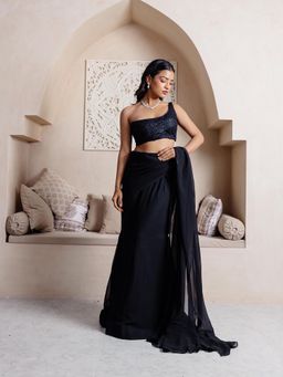 DEASHA INDIA - Sana Black One Shoulder Ready To Wear Saree with Stitched Blouse