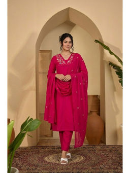 ANAISA - Rani Pink Embroidered Cotton Kurta with Pant and Dupatta