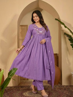 ANAISA - Purple Mirror Work Embroidered Cotton Anarkali Kurta with Pant and Dupatta