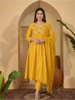 ANAISA - Mustard Mirror Work Embroidered Cotton Anarkali Kurta with Pant and Dupatta