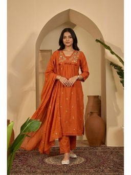 ANAISA - Orange Mirror Work Embroidered Cotton Kurta with Pant and Dupatta