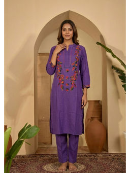 ANAISA - Purple Floral Embroidered Cotton Kurta with Pant