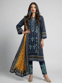 the AMANI store - Indigo Cotton Tribal Printed Kurta and Pant with Dupatta
