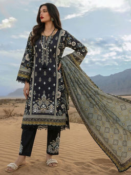 the AMANI store - Black Cotton Mughal Floral Printed Kurta and Pant with Dupatta