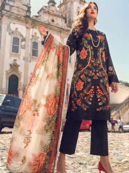 the AMANI store - Midnight Black Cotton Floral Kurta and Pant with Dupatta