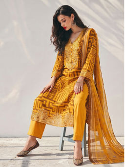 the AMANI store - Mustard Cotton Embroidered Kurta and Pant with Dupatta