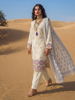 the AMANI store - White Cotton Embroidered Kurta and Pant with Dupatta