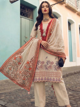 the AMANI store - Beige Cotton Floral Kurta and Pant with Dupatta