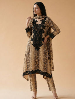 the AMANI store - Beige Cotton Animal Print Kurta and Pant with Dupatta