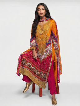 the AMANI store - Mustard Cotton Embroidered Kurta and Pant with Dupatta