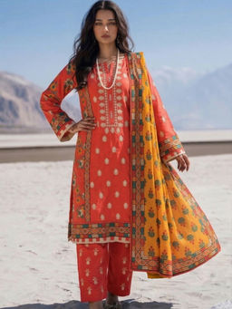 the AMANI store - Red Cotton Embroidered Kurta and Pant with Dupatta