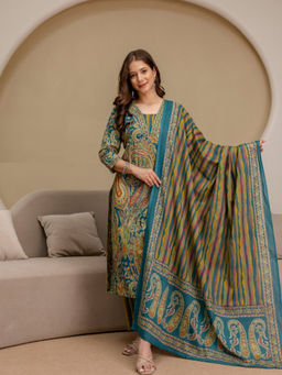 TUSHTI - Teal Yellow Paisley Cotton Kurta with Pant and Dupatta