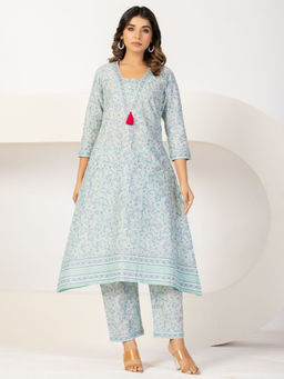 VEDANA - Turquoise Mint Blossom Tassel Kurta with Pant