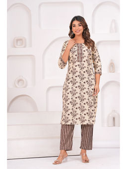 JAIPUR SARAI - Beige Printed Regular Pure Cotton Kurta with Pant