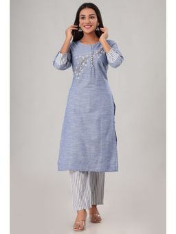JAIPUR SARAI - Blue Embroidered Regular Pure Cotton Kurta with Pant