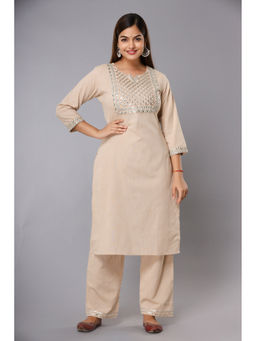 JAIPUR SARAI - Beige Regular Pure Cotton Embroidered Kurta with Pant