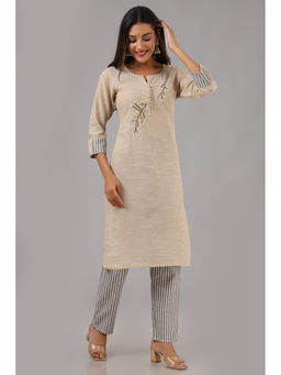 JAIPUR SARAI - Brown Embroidered Regular Pure Cotton Kurta with Pant