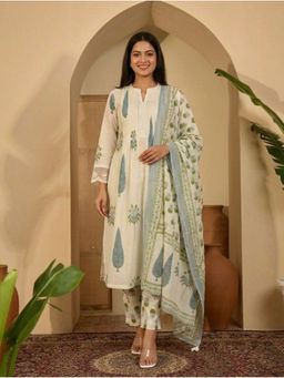 ANAISA - White Cotton Floral Kurta and Pant with Dupatta