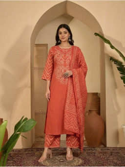 ANAISA - Orange Cotton Printed Kurta and Palazzo with Dupatta