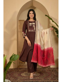 ANAISA - Wine Cotton Embroidered Kurta and Pant with Dupatta