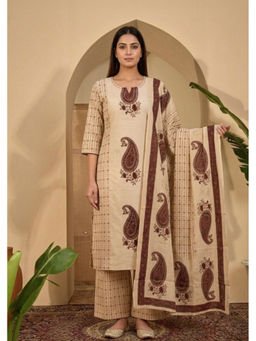 ANAISA - Beige Cotton Paisley Kurta and Palazzo with Dupatta