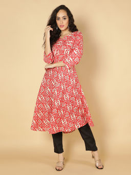 Fabclub - Red Ethnic Motifs Printed Anarkali Cotton Kurta with Pant
