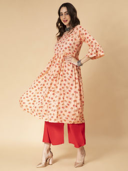 Fabclub - Peach Rayon Floral Printed Kurta with Palazzo