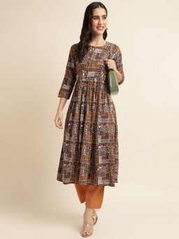 Fabclub - Brown Rayon Printed Kurta with Pant