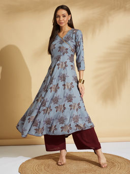 Fabclub - Grey Rayon Printed Angrakha Style Kurta with Palazzo