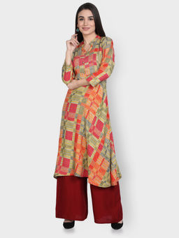 Fabclub - Multi-Color Rayon Geometric Printed Flared Kurta with Palazzo
