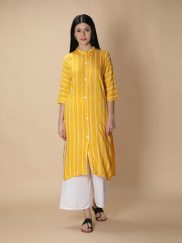 Fabclub - Mustard Rayon Striped Mustard Kurta with Palazzo