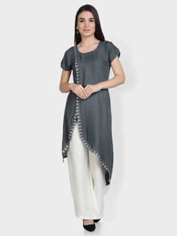 Fabclub - Grey Rayon Embroidered Asymmetric Kurta with Palazzo
