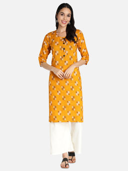 Fabclub - Mustard Rayon Printed Kurta with Palazzo