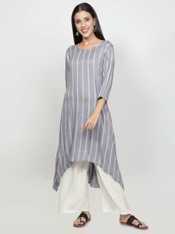 Fabclub - Grey Rayon Striped Asymmetric Flared Kurta with Palazzo