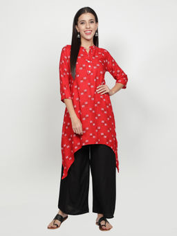 Fabclub - Red Rayon Printed Asymmetric Kurta with Palazzo
