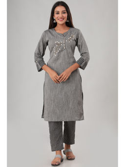 JAIPUR SARAI - Grey Embroidered Regular Pure Cotton Kurta with Pant