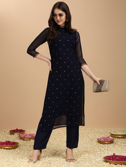 HRITIKA - Navy Georgette Embellished Sequinned Kurta with Pant