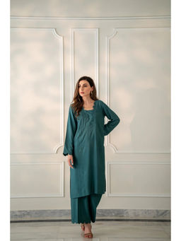 Khushboo & Pankaj - Turquoise Cotton Solid Kurta with Palazzo