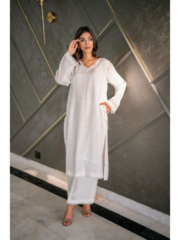 Khushboo & Pankaj - White Cotton Solid Kurta with Palazzo