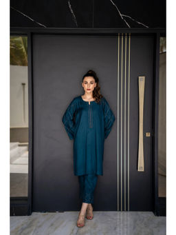 Khushboo & Pankaj - Ocean Blue Cotton Solid Kurta with Pant