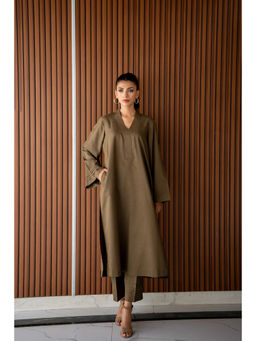 Khushboo & Pankaj - Olive Cotton Solid Kurta with Pant