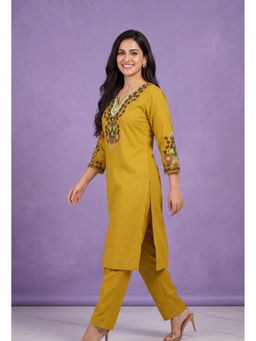SPAN - Yellow Cotton Embroidered Kurta with Pant