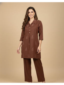 SPAN - Brown Cotton Printed Co-Ord Set