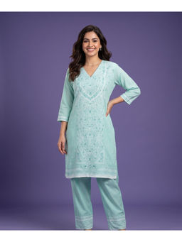 SPAN - Green Cotton Embroidered Kurta with Pant