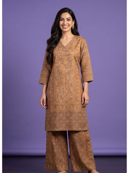 SPAN - Brown Cotton Floral Kurta with Palazzo